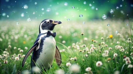Naklejka premium A dapper penguin, adorned in a formal bow tie, stands elegantly amidst a field of wildflowers, surrounded by floating bubbles on a serene day.