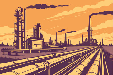 Photo of a large industrial complex at sunset, featuring rows of oil refineries with tall smokestacks and pipes stretching across the frame. The sky is a gradient of orange and purple hues, with sc