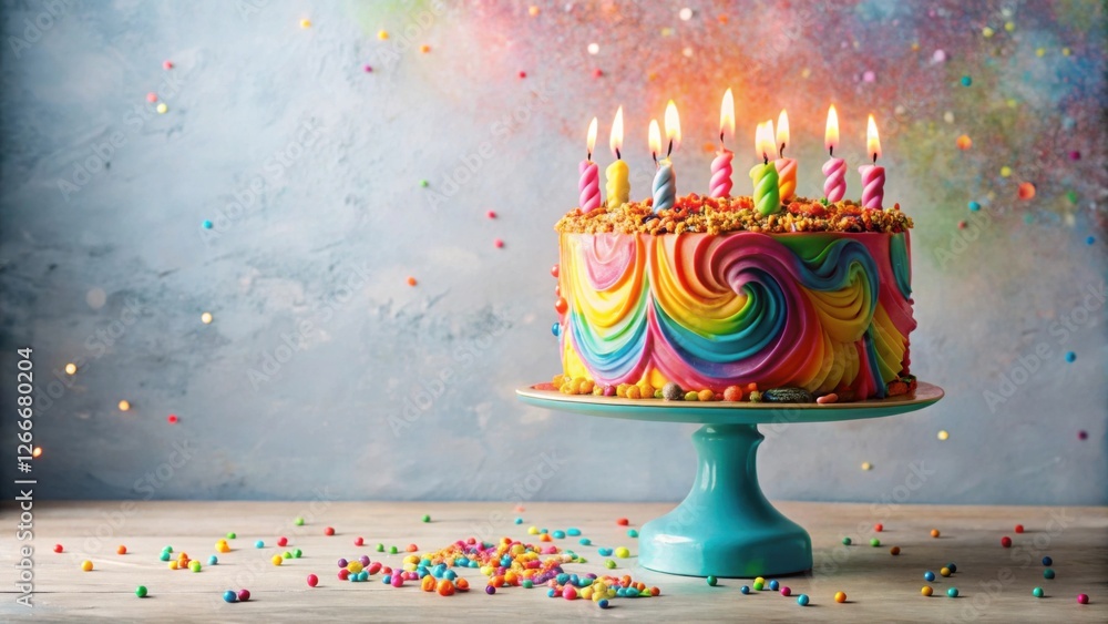 Poster a festive rainbow cake with lit candles and colorful sprinkles on a rustic table