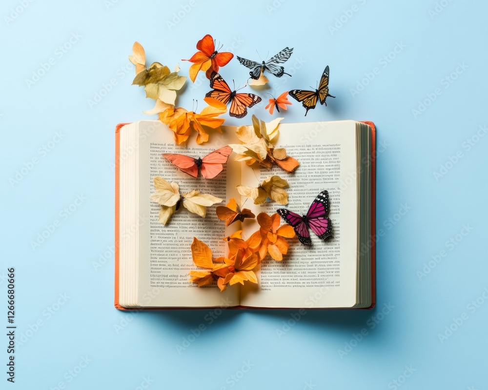 Aufkleber whimsical literary display open book with paper butterflies on soft blue - imagination and storytell