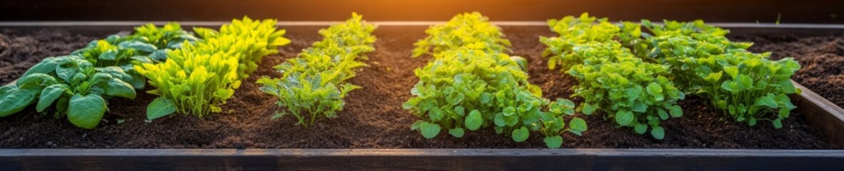 Urban Green Aesthetics Raised Bed Seedlings in Morning Light and Scattered Tools - Community Gardening Content and Eco-Responsive Urban Planning
