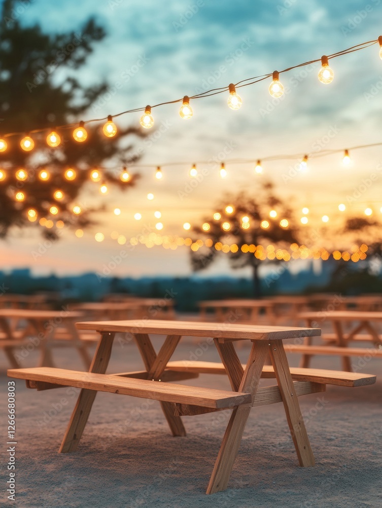 Poster ambient market scene wooden display tables and string lights in evening glow - community event desig