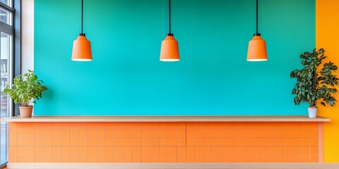 Vibrant Mid-Century Modern Dining Space Bold Orange and Aqua Wall with Plants - Fast Casual Restaurant Design and Efficient Service Workflow Showcase