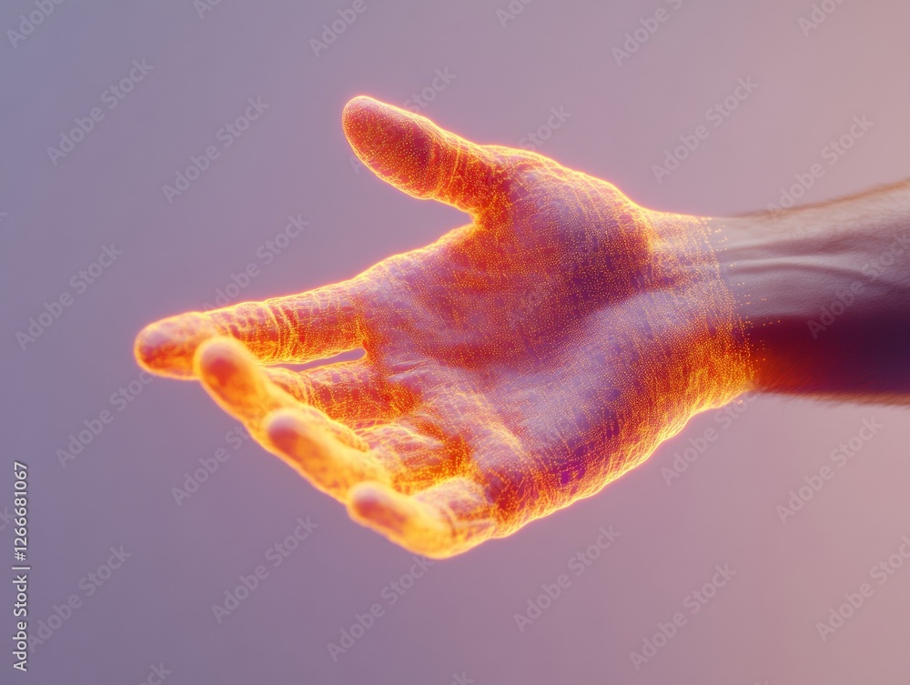Poster Futuristic Gesture-Controlled Holographic Display Hand in Digital Neon Glow for Interactive Workstations - Cutting-Edge Data Visualization in Modern Business Environments