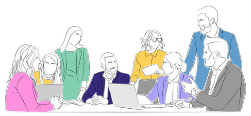 Business team members working together. Business men and women Meeting, brainstorming, discussing, taking part in business activities. Vector colored line art illustration isolated on white.
