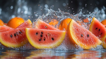 An artistic arrangement of vibrant green melons and slices of juicy red watermelon,