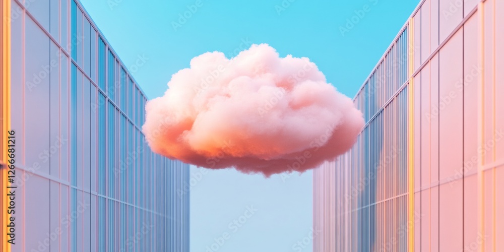 Leinwandbilder Pastel Cloud Computing Art Soft-Edged Network Visualization Between Modern Glass Towers - Tech and Digital Infrastructure Content for Innovative Business Solutions