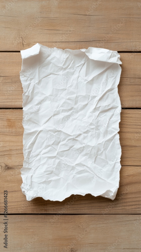 Poster vintage paper flatlay crumpled white sheet on rustic wooden surface for authentic stationery design 