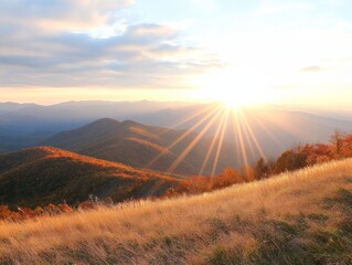 Obraz premium Captivating Sunset Over Mountain Ridge Natural Terrain with Sunburst for Outdoor Adventure Content and Inspirational Marketing in Travel and Wellness Industries