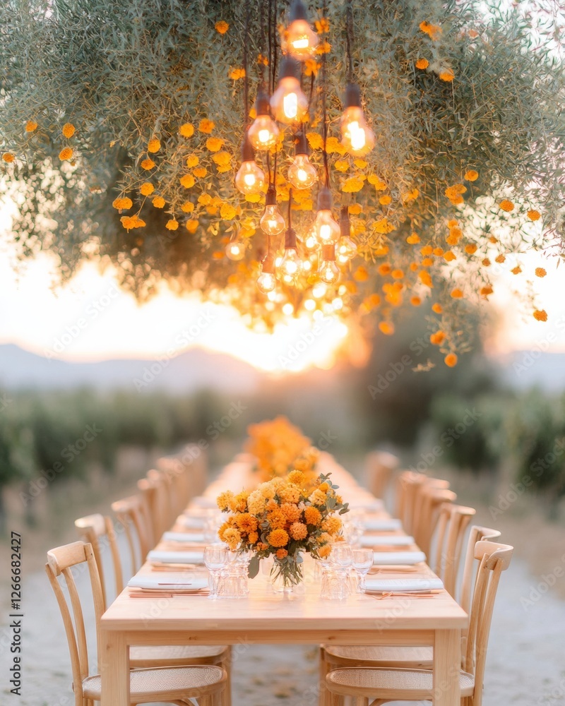 Poster rustic al fresco dining setup long wooden table and rustic chairs under string lights and marigold d