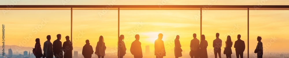 Aufkleber urban collaborative workspace modern glass partition with silhouetted group interaction - networking