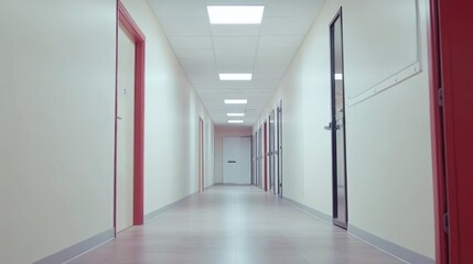 Modern office corridor with minimalist interior design featuring an empty white wall and a glass-walled meeting room in a contemporary business workspace.