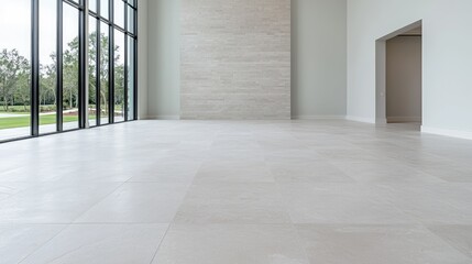 Empty modern hall with large windows overlooking a park. Potential use Commercial space, architectural photography