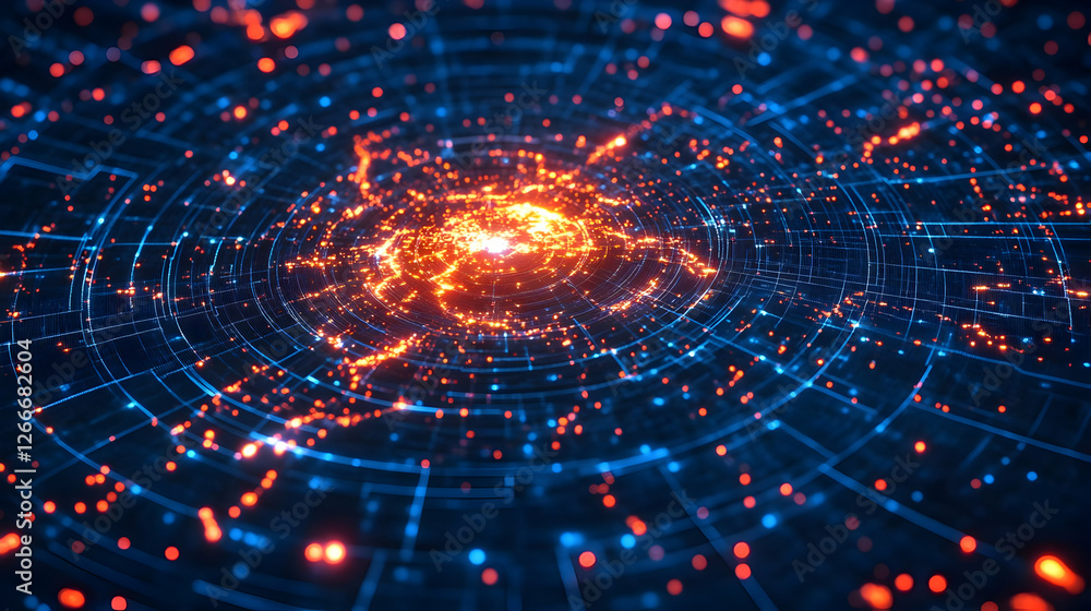 Poster abstract digital network, glowing particles, concentric circles. possible use technology background,