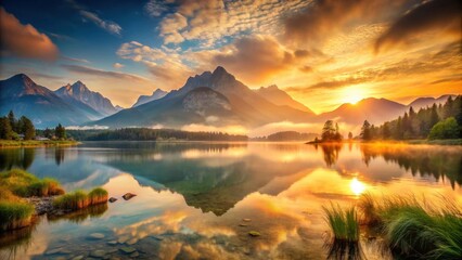 Fototapeta premium Golden Sunrise Over Serene Mountain Lake Reflecting Majestic Peaks and Tranquil Waters