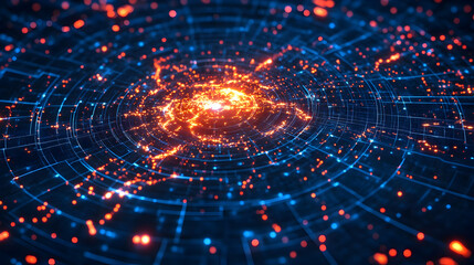 Abstract digital network, glowing particles, concentric circles. Possible use Technology background, futuristic design