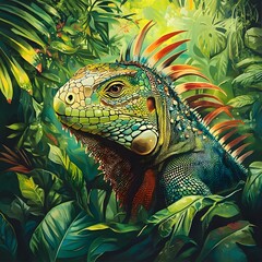 Obraz premium A lone iguana in the middle of a rainforest, basking in the sunlight while surrounded by tropical flora.