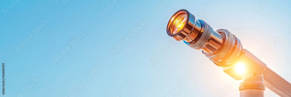 Poster futuristic microscope lens in sunlit laboratory chrome glass setup for cutting-edge scientific analy