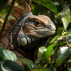Obraz premium A tropical iguana with a strong crest on its head, camouflaging amongst the dense rainforest undergrowth.