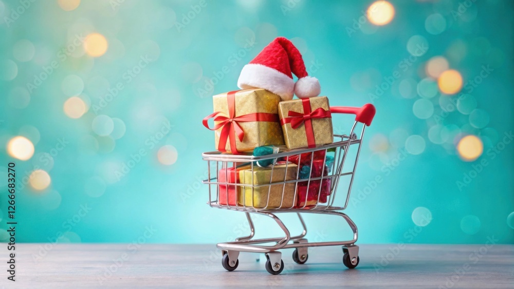 Poster a miniature shopping cart overflowing with festively wrapped presents, topped with a cheerful santa 