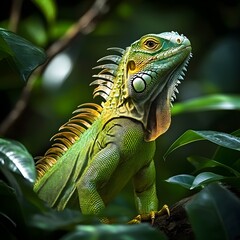 Fototapeta premium A vibrant tropical iguana, blending into its lush environment with its green camouflage and beautiful long tail.