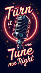 Edgy, urban-style poster featuring &ldquo;Turn it and tune me right&rdquo; in bold letters, with a vintage microphone and a glowing neon effect.

