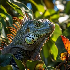 Fototapeta premium A slow-moving iguana navigating through the jungle, its long tail swaying gently with each step.