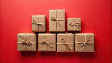 Obraz premium Seven small presents arranged in a pyramid shape against a vibrant red backdrop, tied with twine bows.