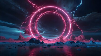 Abstract background, cosmic landscape, round portal, pink blue neon light, virtual reality, energy source.