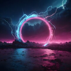 Abstract background, cosmic landscape, round portal, pink blue neon light, virtual reality, energy source.