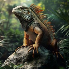 Fototapeta premium A slow-moving iguana navigating through the jungle, its long tail swaying gently with each step.