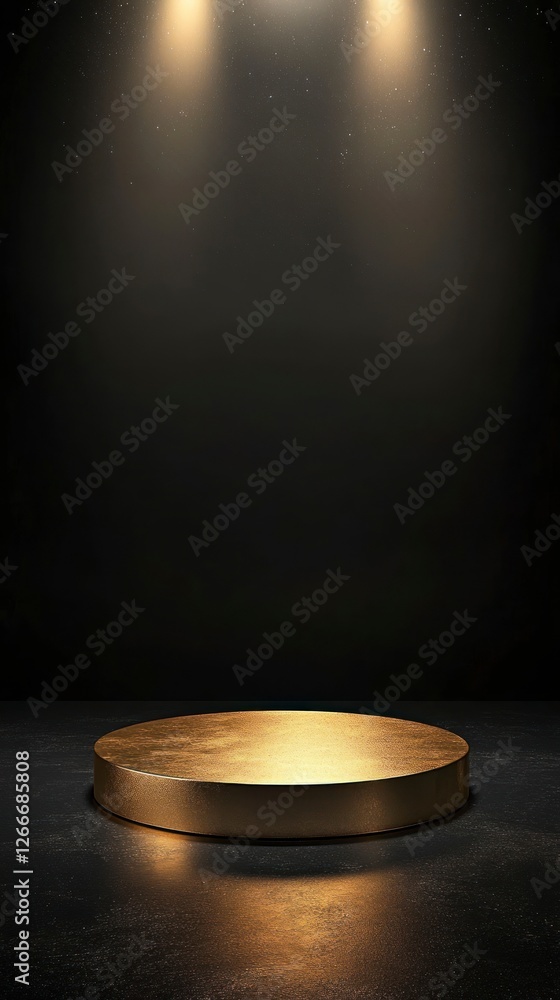 Poster golden circular podium on the left side of an empty dark background, with light shining from above.