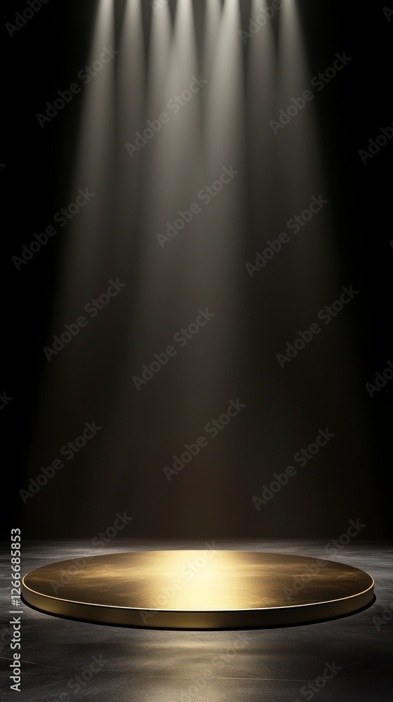 Poster golden circular podium on the left side of an empty dark background, with light shining from above.