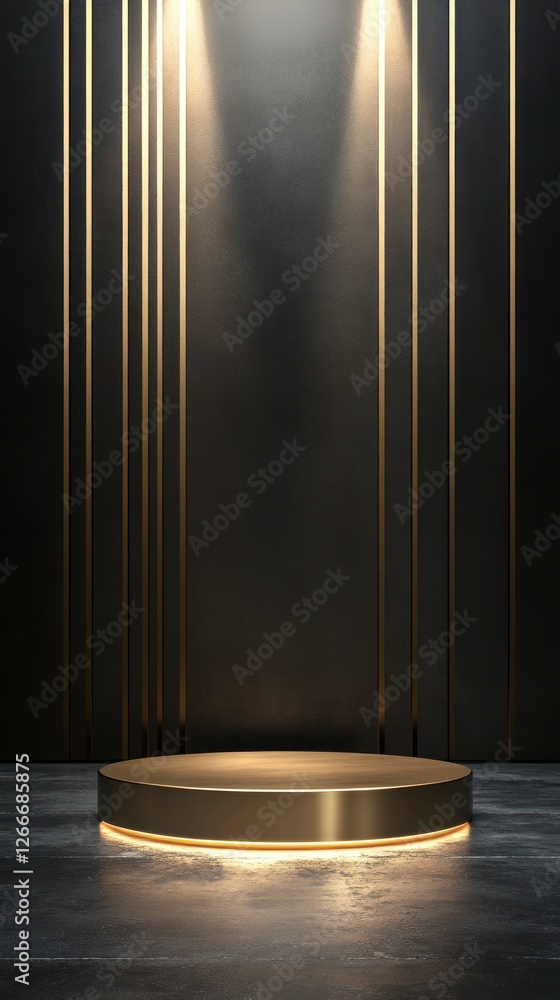 Poster golden circular podium on the left side of an empty dark background, with light shining from above.