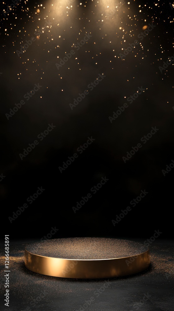 Poster golden circular podium on the left side of an empty dark background, with light shining from above.