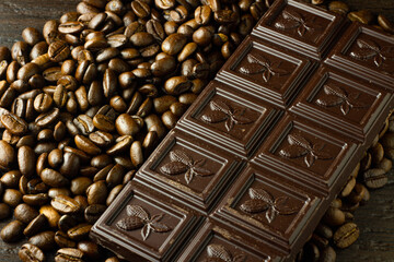 Chocolate bar with coffee beans. Dark chocolate bars with coffee beans.