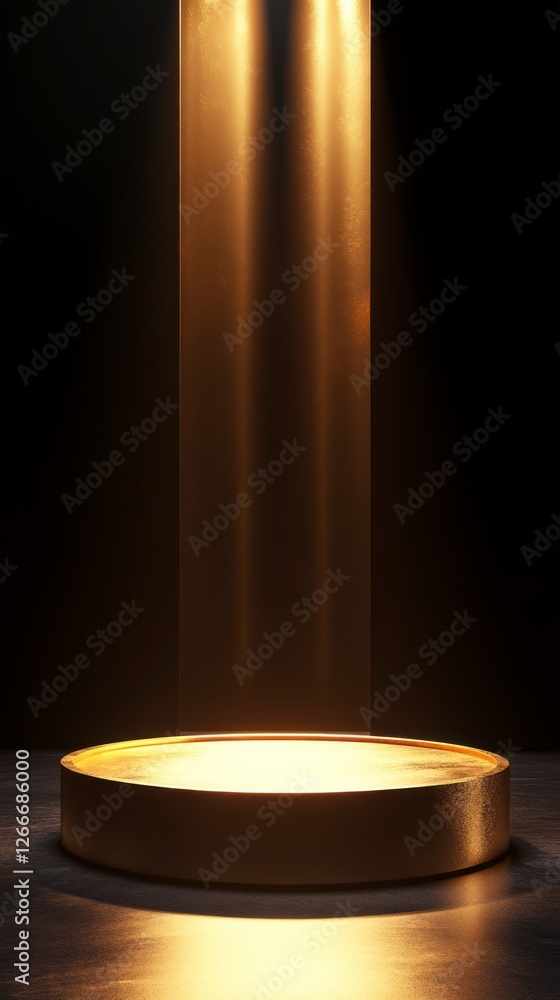 Poster golden circular podium on the left side of an empty dark background, with light shining from above.