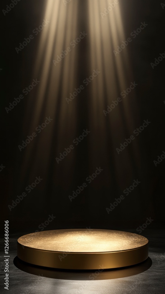 Poster golden circular podium on the left side of an empty dark background, with light shining from above.