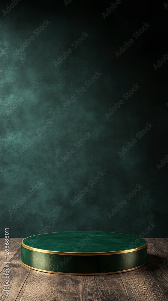 Poster green circular pedestal with golden edges on the left side of an empty dark background, front view
