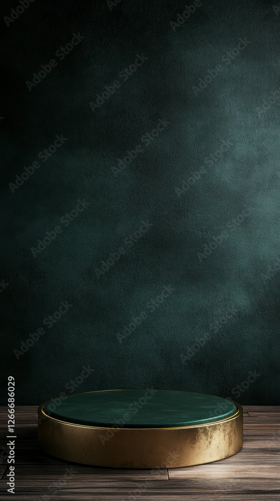 Poster green circular pedestal with golden edges on the left side of an empty dark background, front view