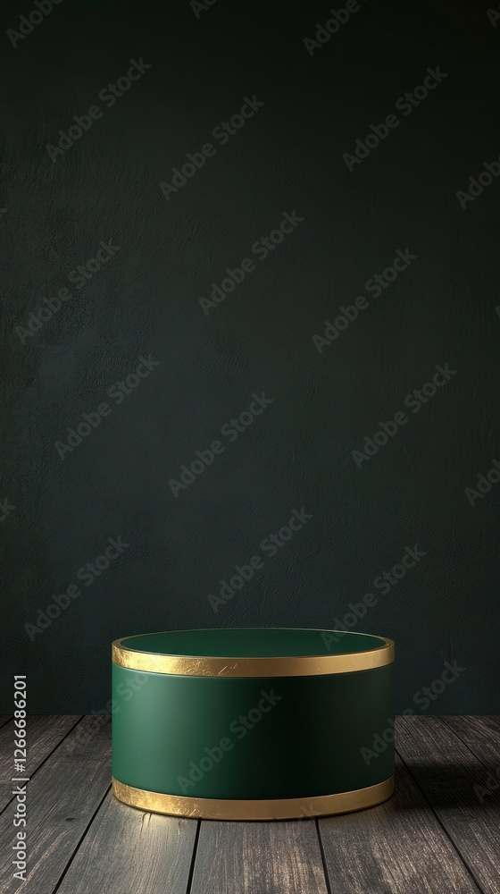 Poster green circular pedestal with golden edges on the left side of an empty dark background, front view
