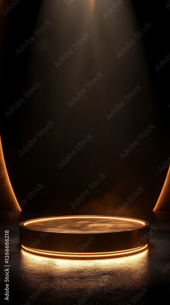 Poster golden circular podium on the left side of an empty dark background, with light shining from above.