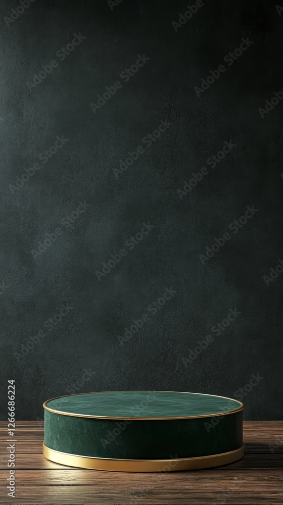 Poster green circular pedestal with golden edges on the left side of an empty dark background, front view