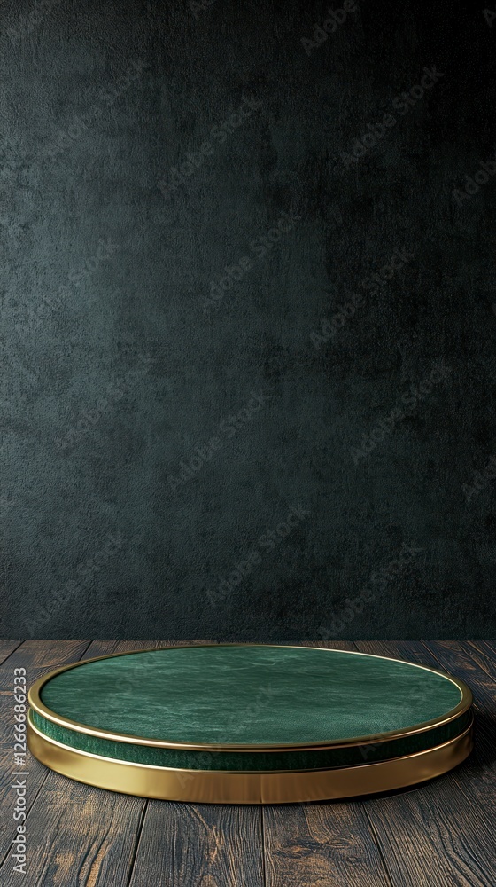 Poster green circular pedestal with golden edges on the left side of an empty dark background, front view