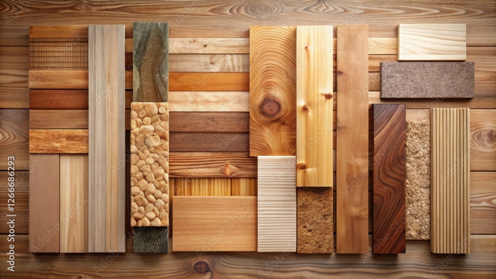 Aufkleber collection of diverse wood samples arranged in a unique pattern on a wooden background