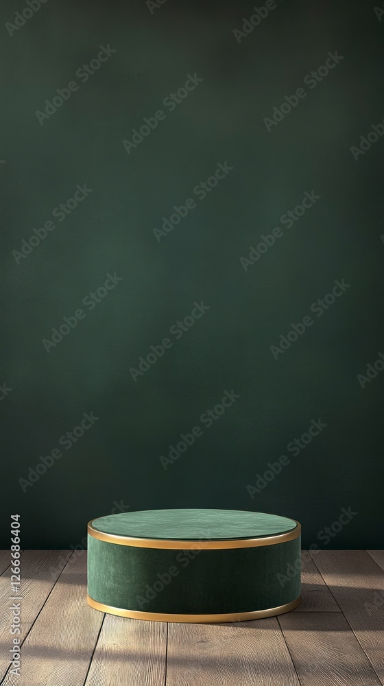 Poster green circular pedestal with golden edges on the left side of an empty dark background, front view
