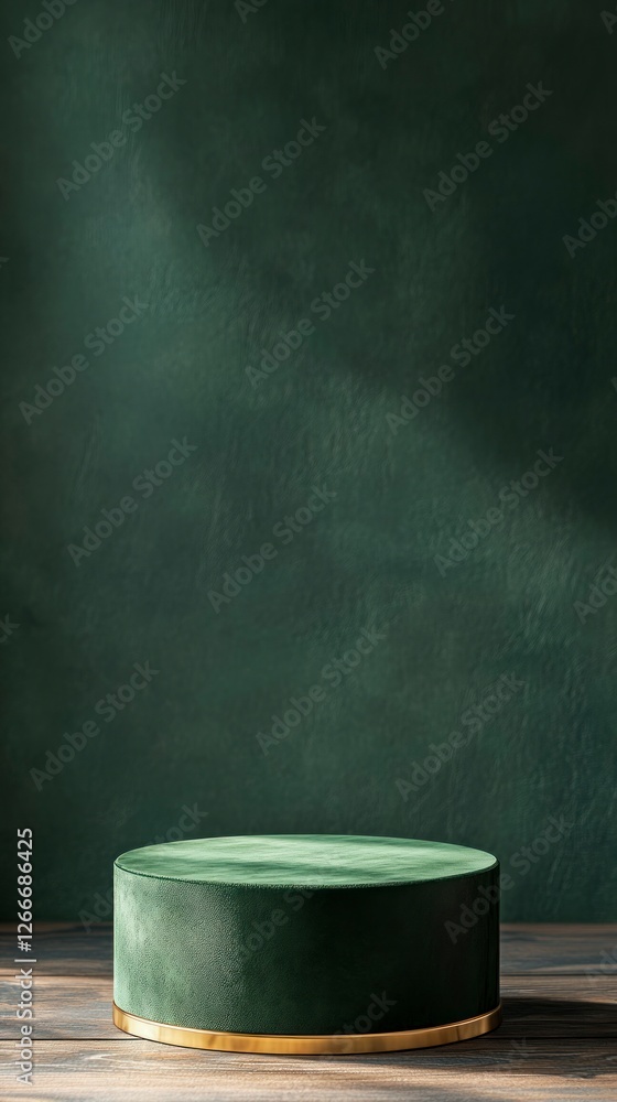 Poster green circular pedestal with golden edges on the left side of an empty dark background, front view