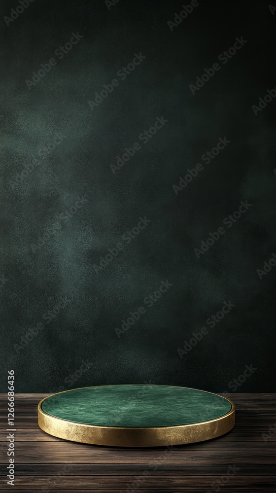 Poster green circular pedestal with golden edges on the left side of an empty dark background, front view