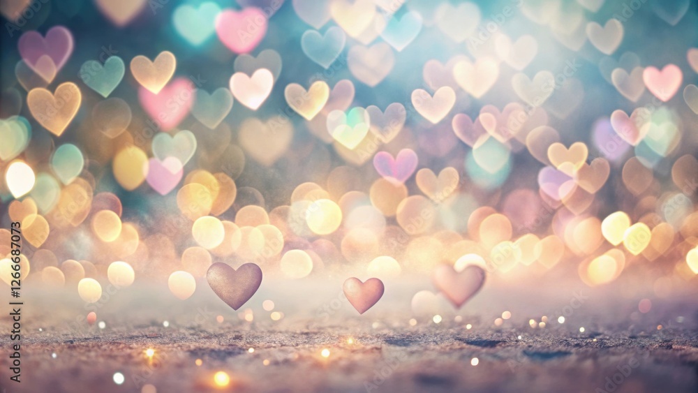 Poster Enchanted Heartscape  Three Dimensional Hearts Resting on a Glittering Surface with a Background of Softly Focused Heart-Shaped Lights