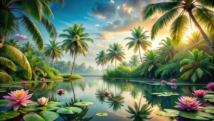 Serene Sunrise Over Tropical Lagoon with Blooming Water Lilies and Lush Palm Trees